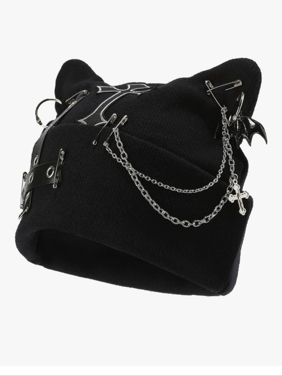 Black Gothic Cat Ear Beanie with Chains & Cross Detail main image 5